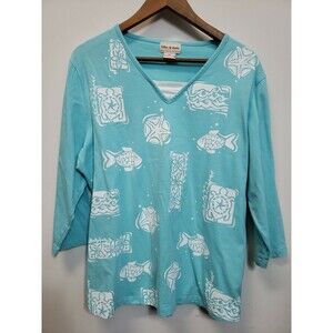 Toffee Apple Women's 2XL top blue fish beach 3/4 sleeve Pullover